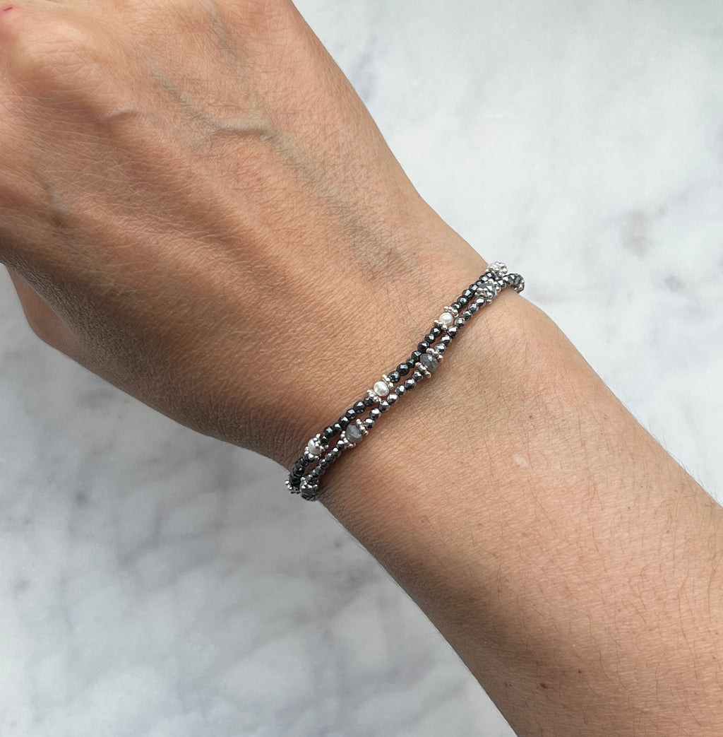 Sterling silver, white freshwater pearl and hematite gemstone bracelet