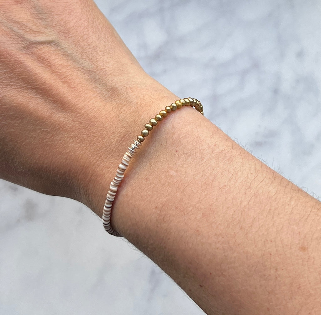 Olive green freshwater pearl, light brown shell with sterling silver bracelet