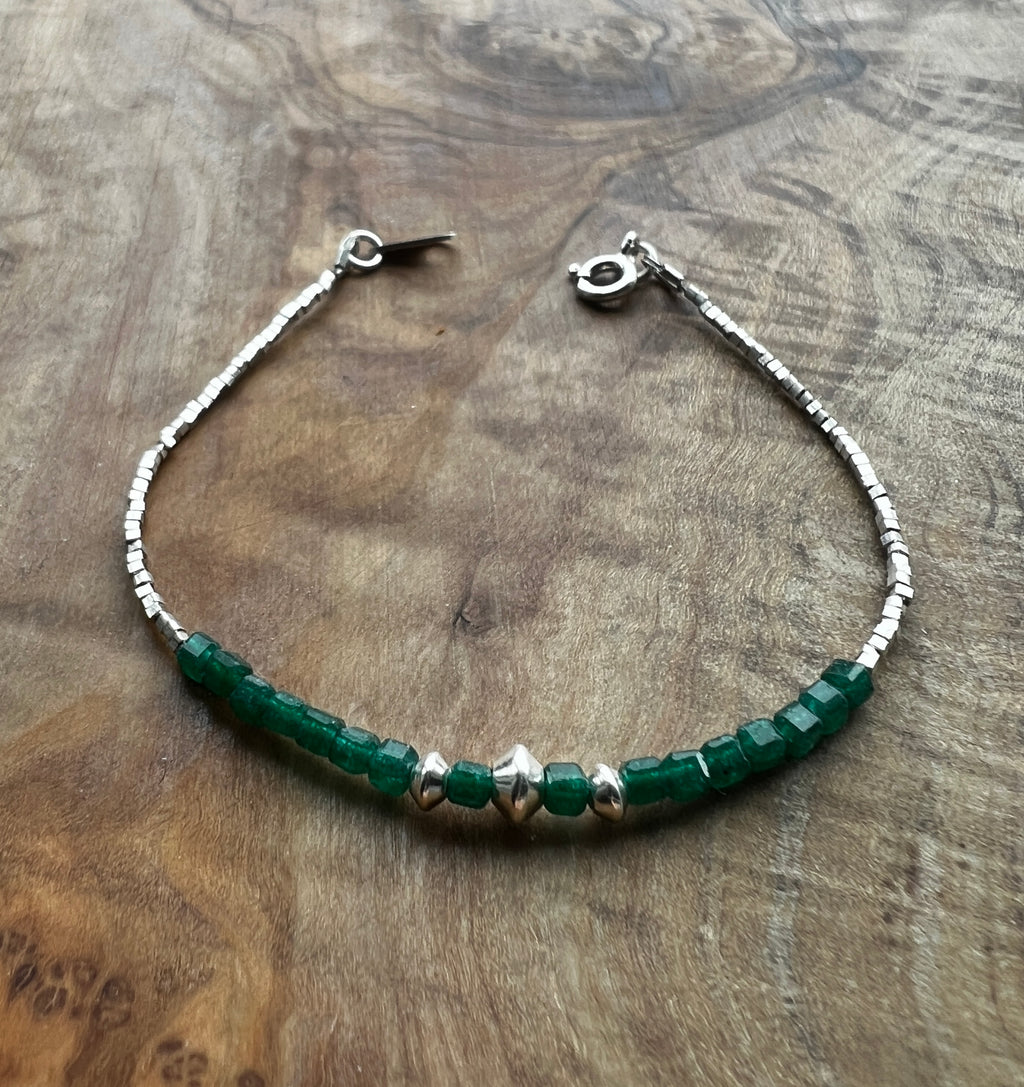 Sterling and fine silver with green strawberry quartz gemstone bracelet