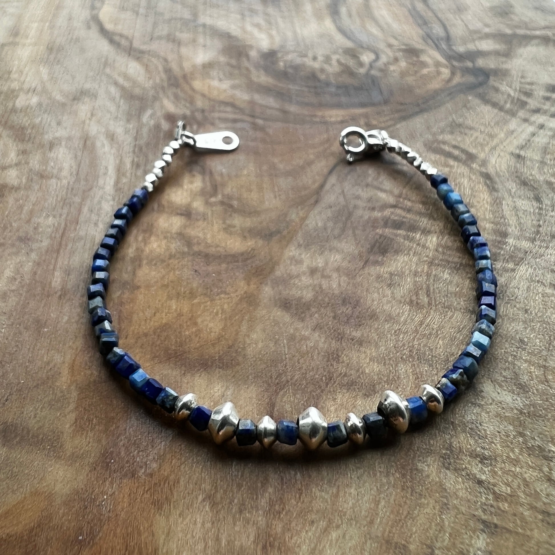 Lapis lazuli gemstone with sterling and fine silver bracelet