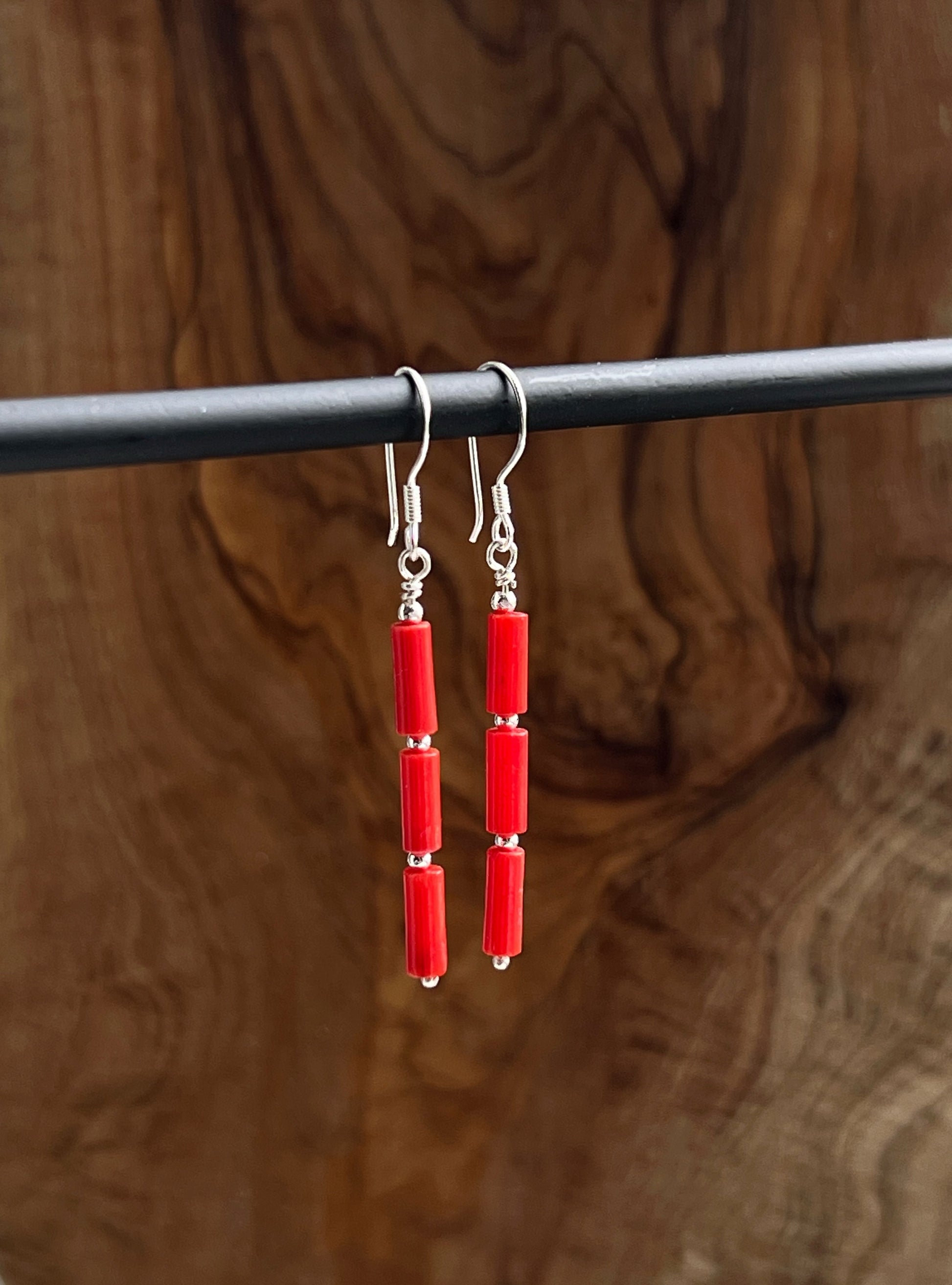 Red bamboo coral with sterling silver dangle earring