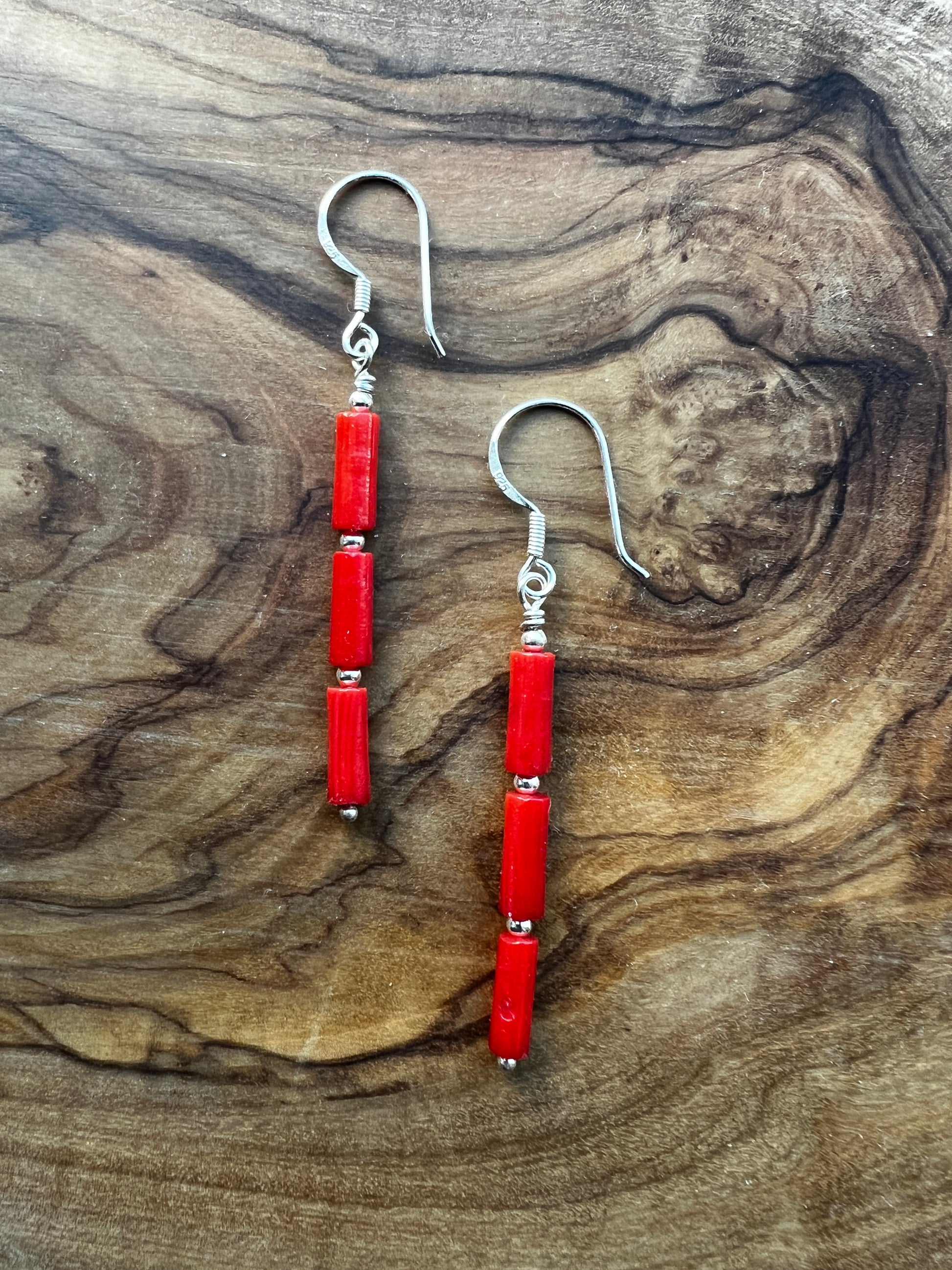 Red bamboo coral with sterling silver dangle earring