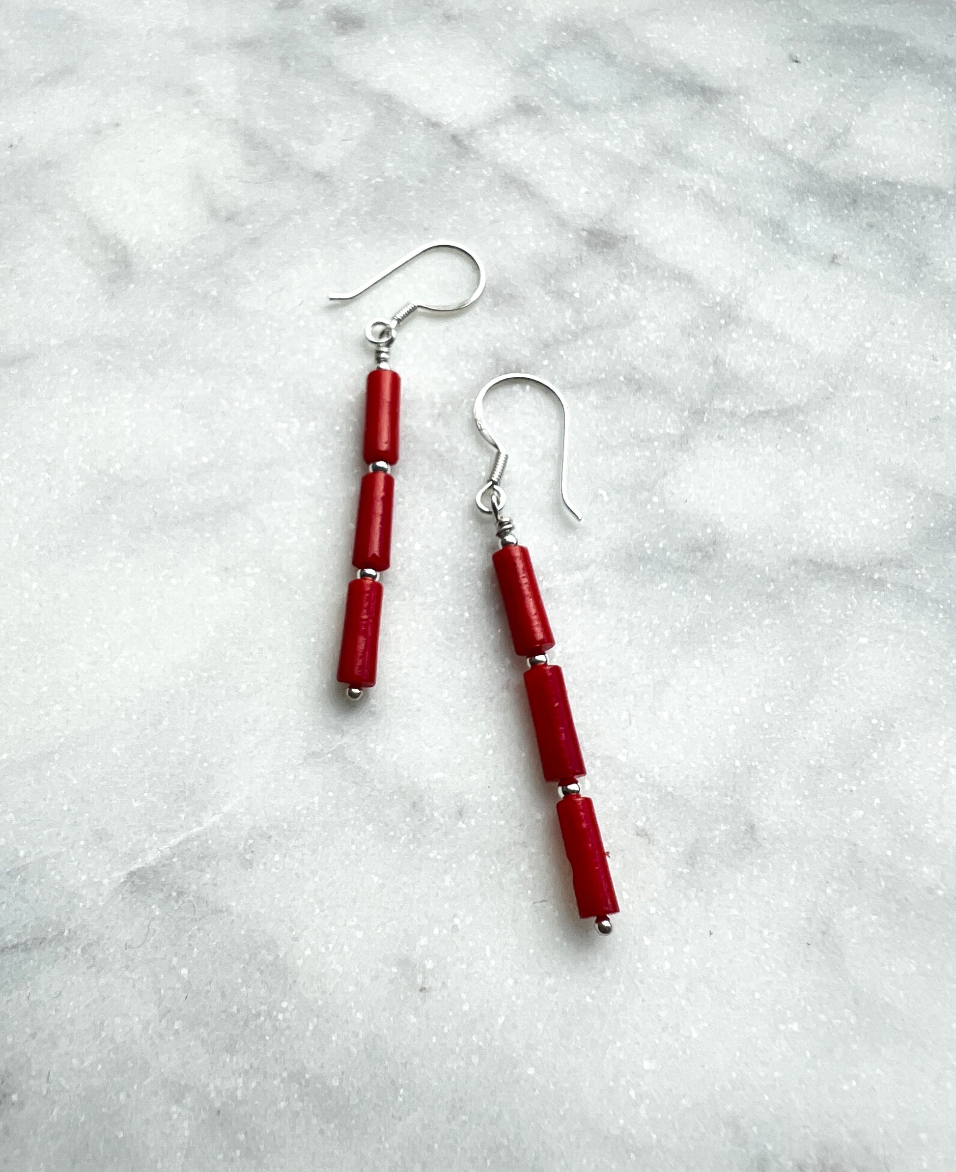 Red bamboo coral with sterling silver dangle earring