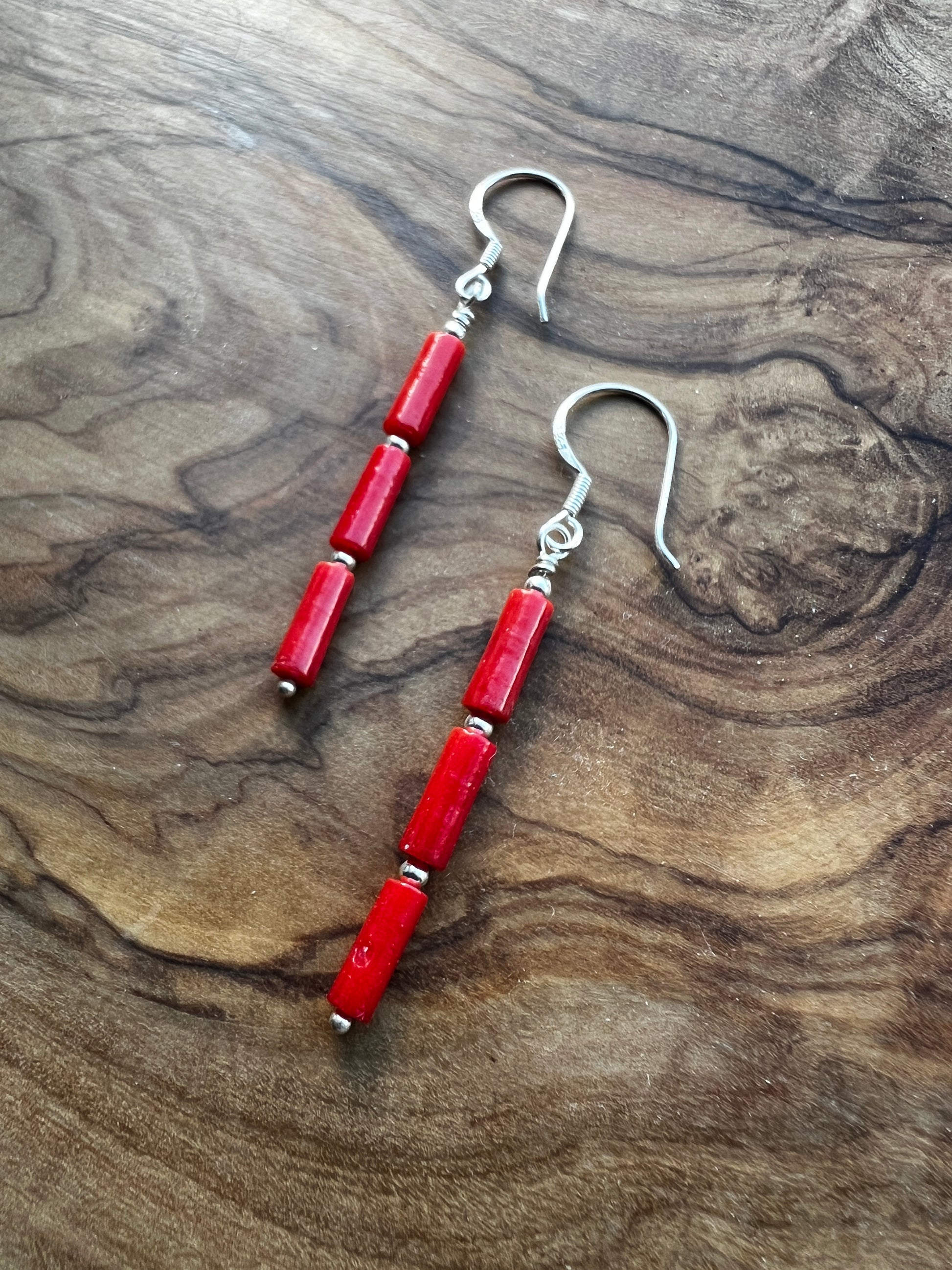 Red bamboo coral with sterling silver dangle earring