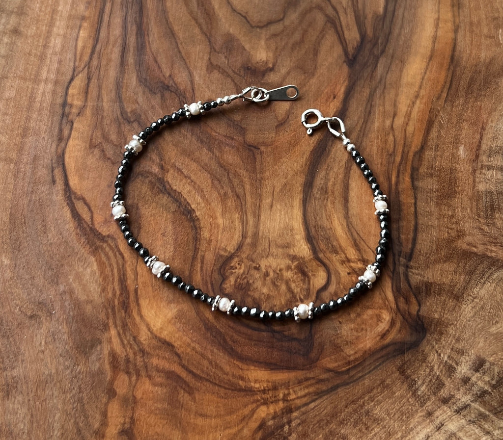 Sterling silver, white freshwater pearl and hematite gemstone bracelet