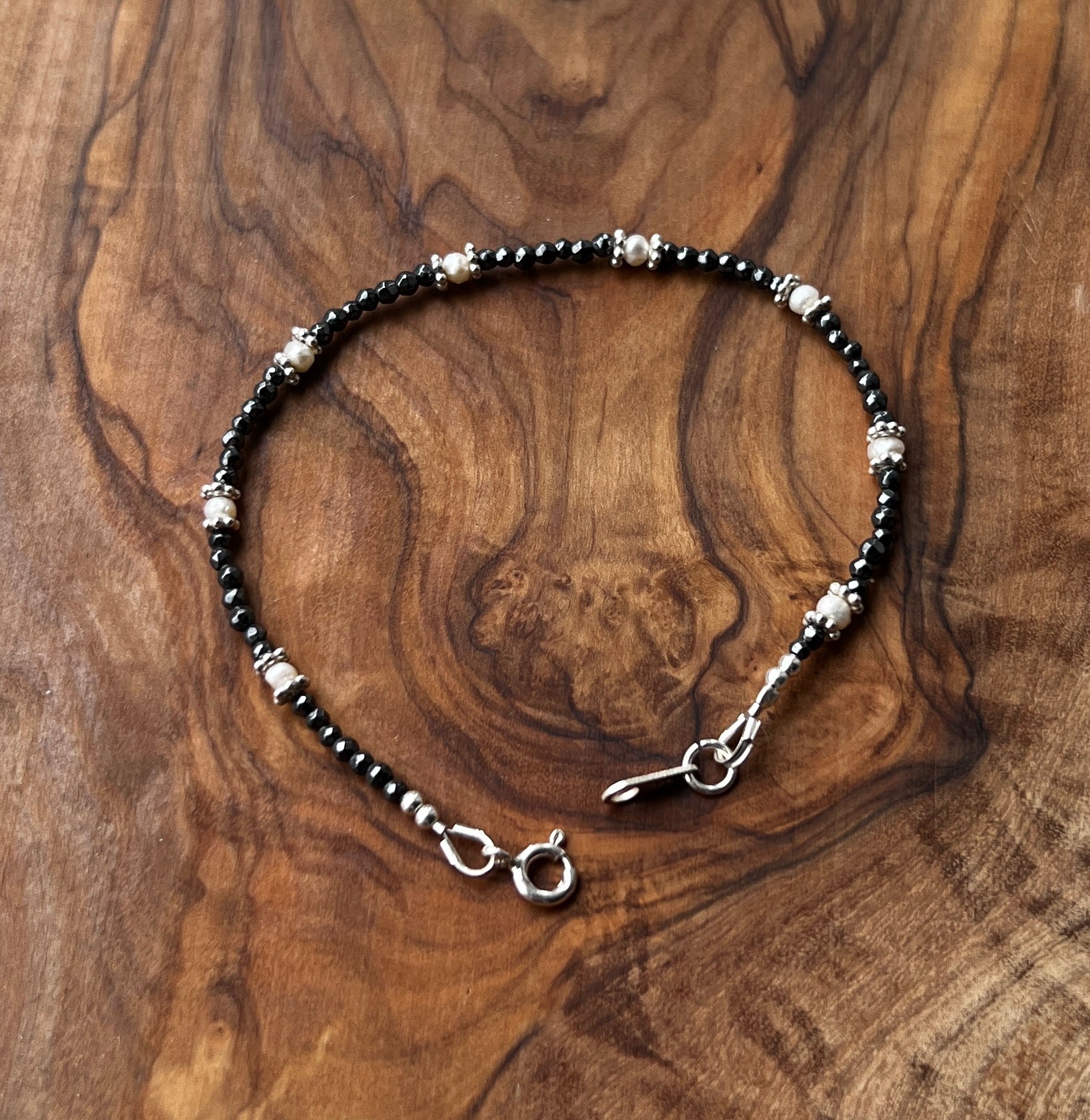 Sterling silver, white freshwater pearl and hematite gemstone bracelet