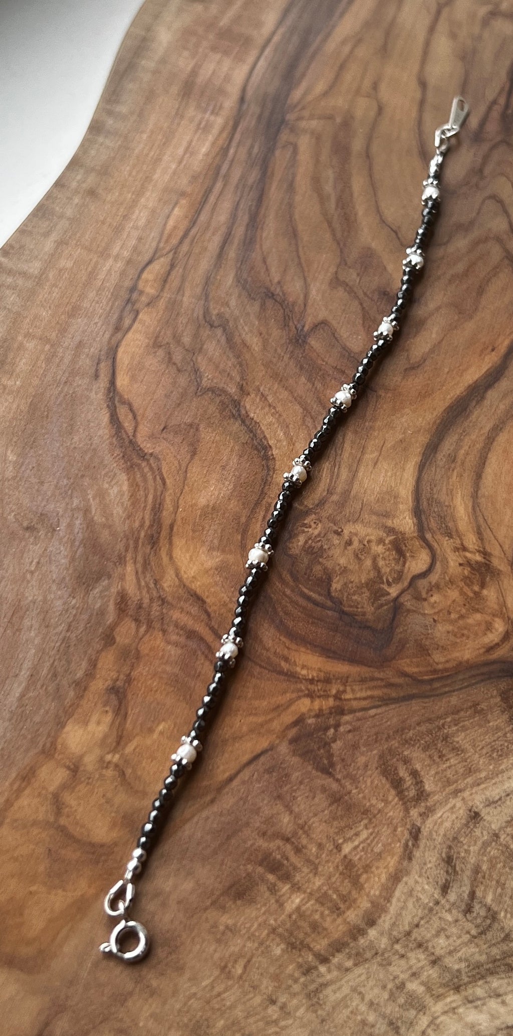 Sterling silver, white freshwater pearl and hematite gemstone bracelet