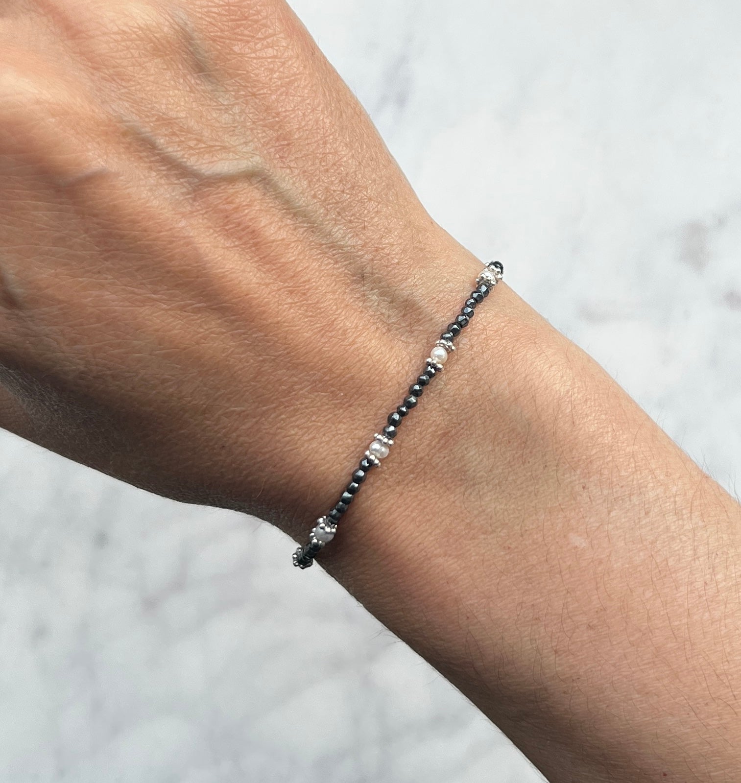 Sterling silver, white freshwater pearl and hematite gemstone bracelet