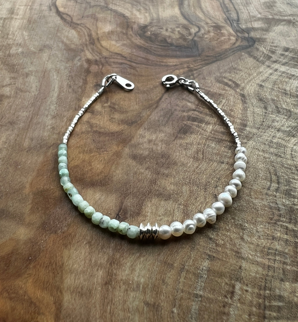 Sterling and fine silver, white freshwater pearl and chrysoprase gemstone bracelet