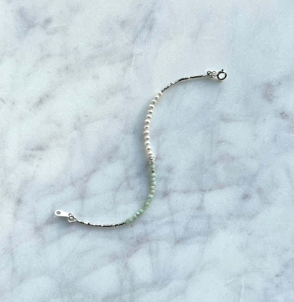 Sterling and fine silver, white freshwater pearl and chrysoprase gemstone bracelet