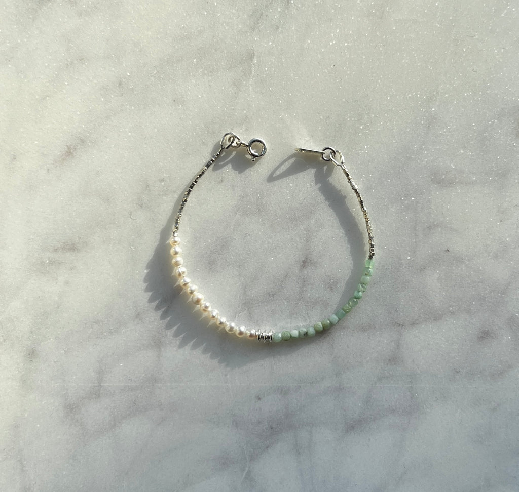 Sterling and fine silver, white freshwater pearl and chrysoprase gemstone bracelet