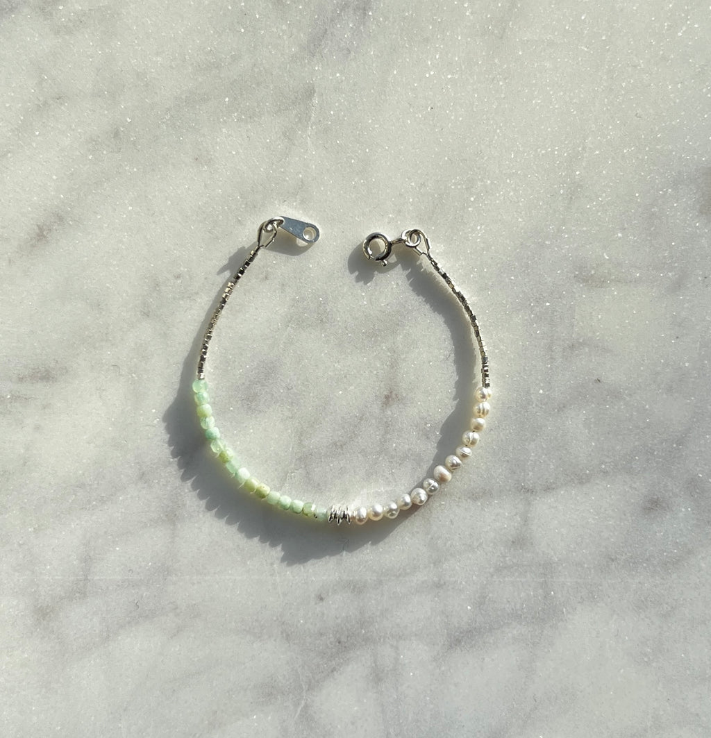 Sterling and fine silver, white freshwater pearl and chrysoprase gemstone bracelet