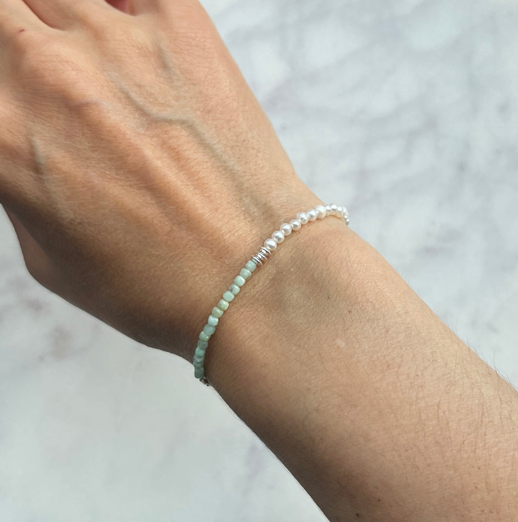 Sterling and fine silver, white freshwater pearl and chrysoprase gemstone bracelet