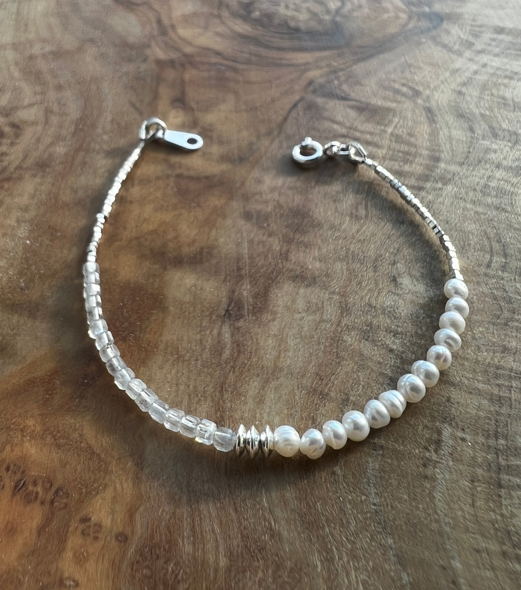 Sterling and fine silver, white freshwater pearl and labradorite gemstone bracelet