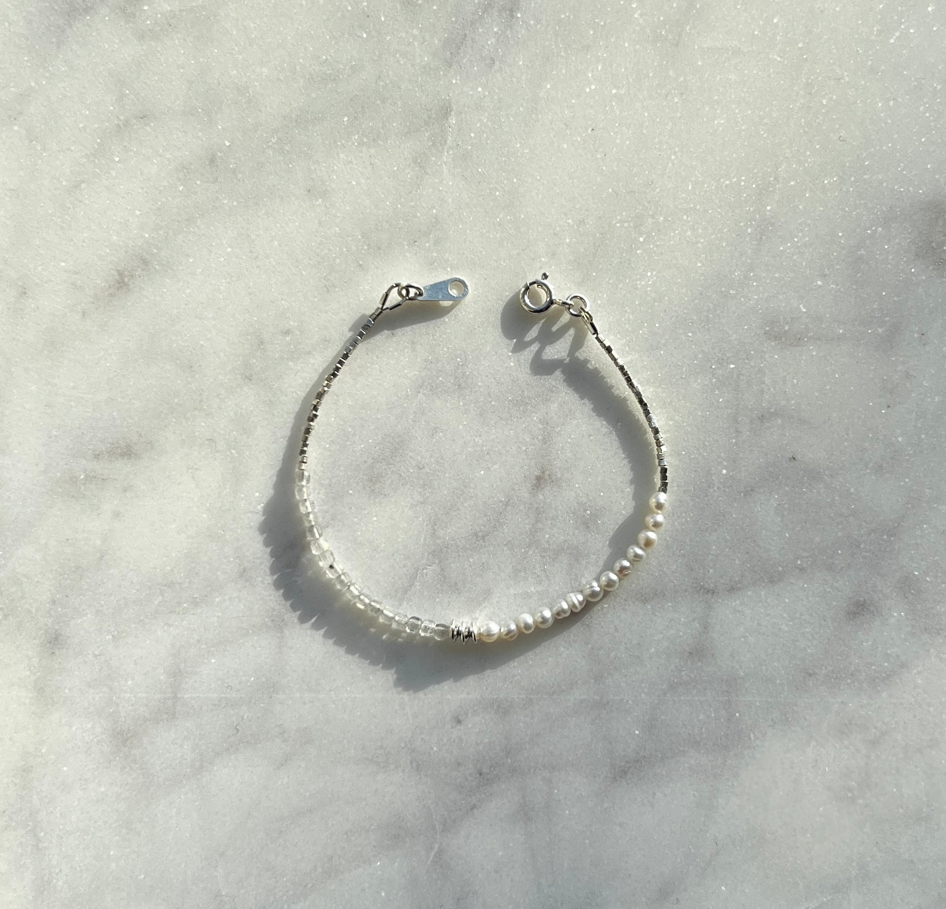 Sterling and fine silver, white freshwater pearl and labradorite gemstone bracelet