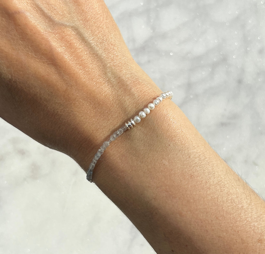 Sterling and fine silver, white freshwater pearl and labradorite gemstone bracelet