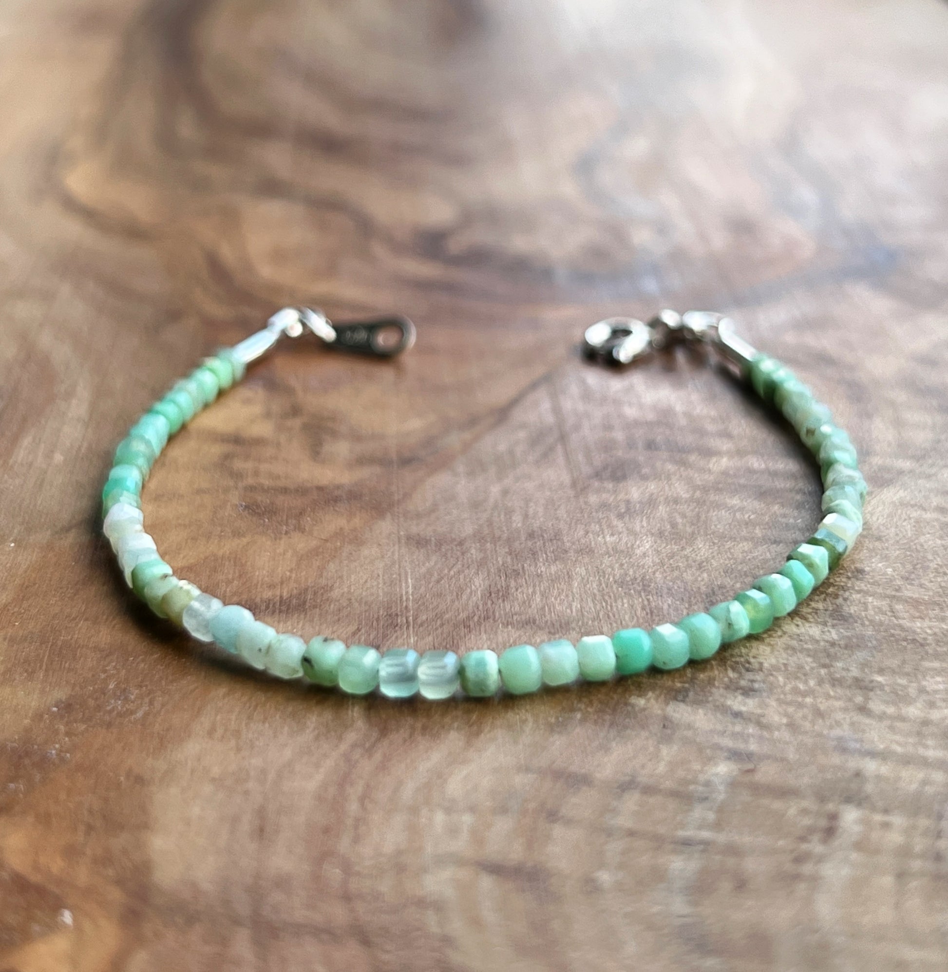 Light green chrysoprase gemstone with sterling silver bracelet