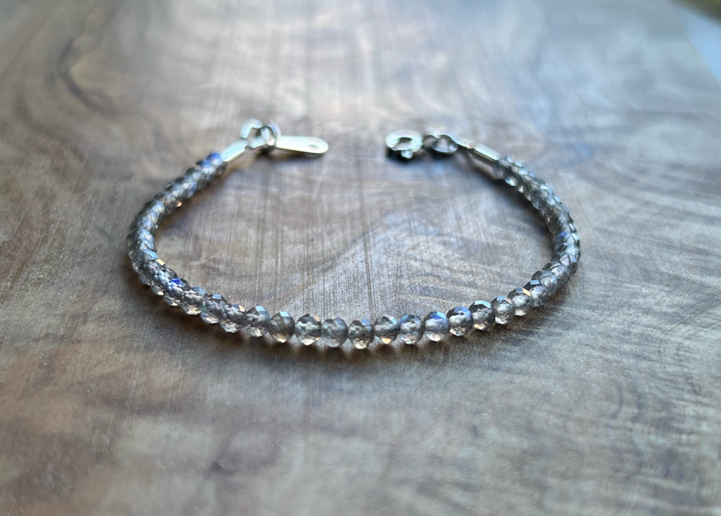 Iridescent labradorite micro faceted gemstone with sterling silver bracelet