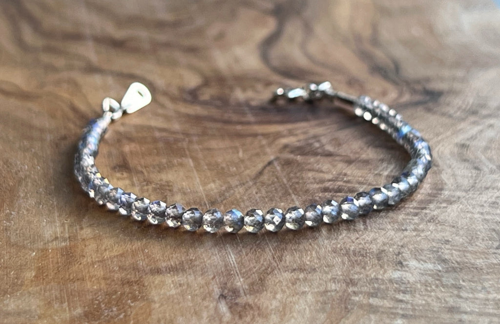 Iridescent labradorite micro faceted gemstone with sterling silver bracelet