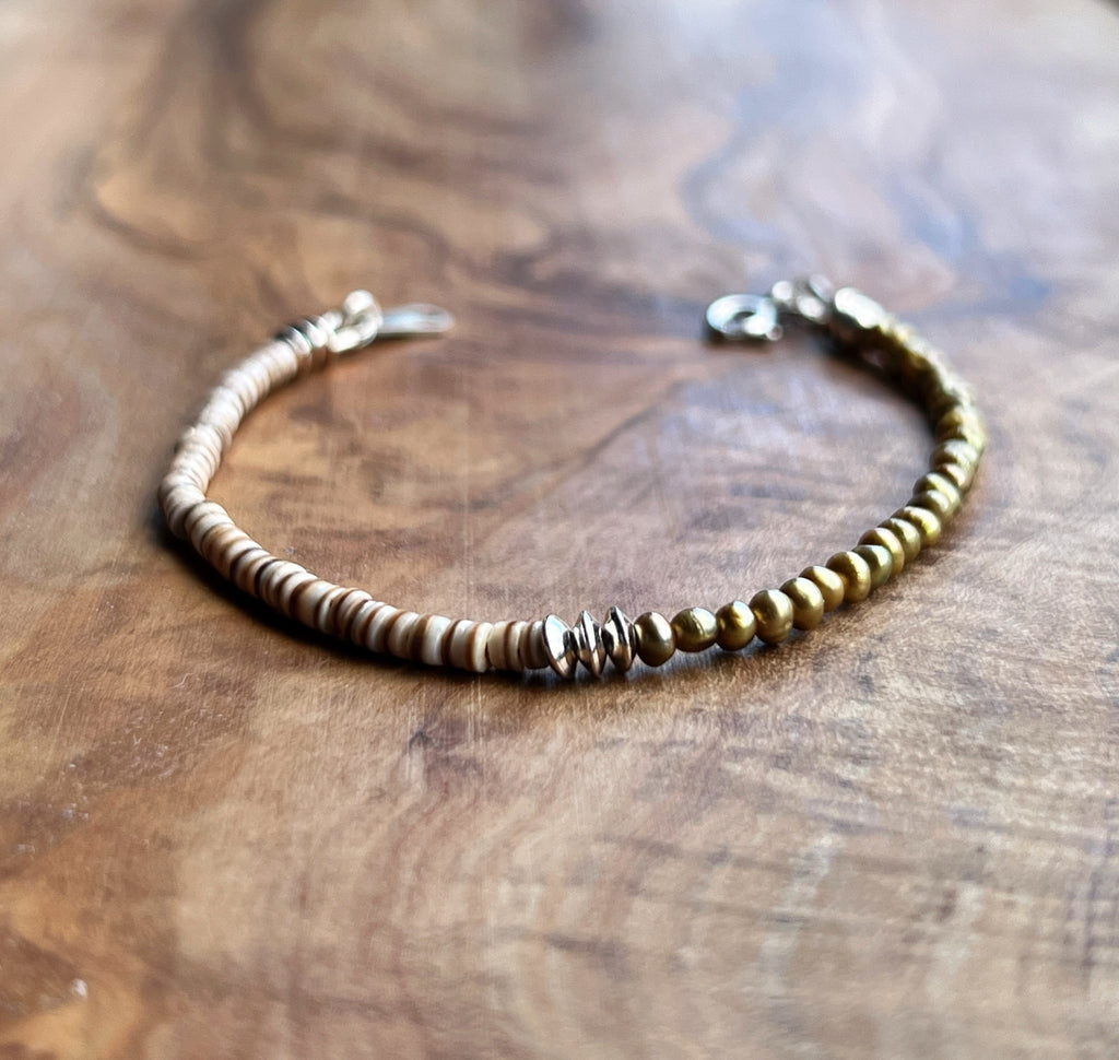 Olive green freshwater pearl, light brown shell with sterling silver bracelet