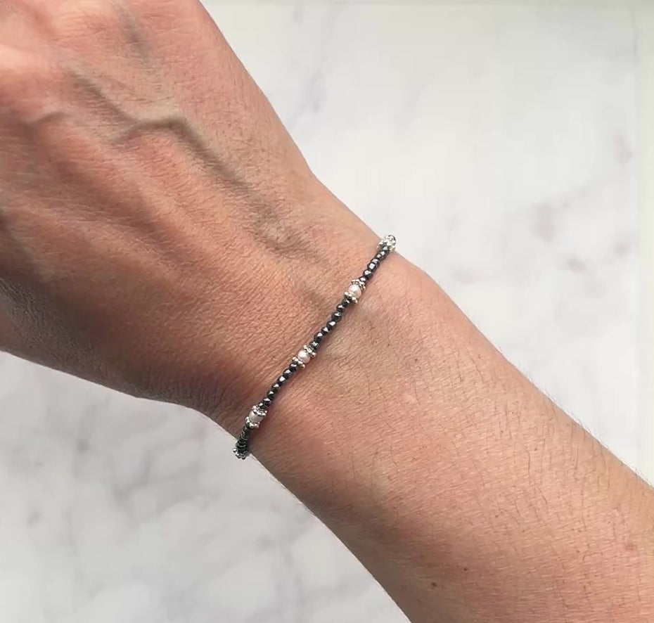 Sterling silver, white freshwater pearl and hematite gemstone bracelet
