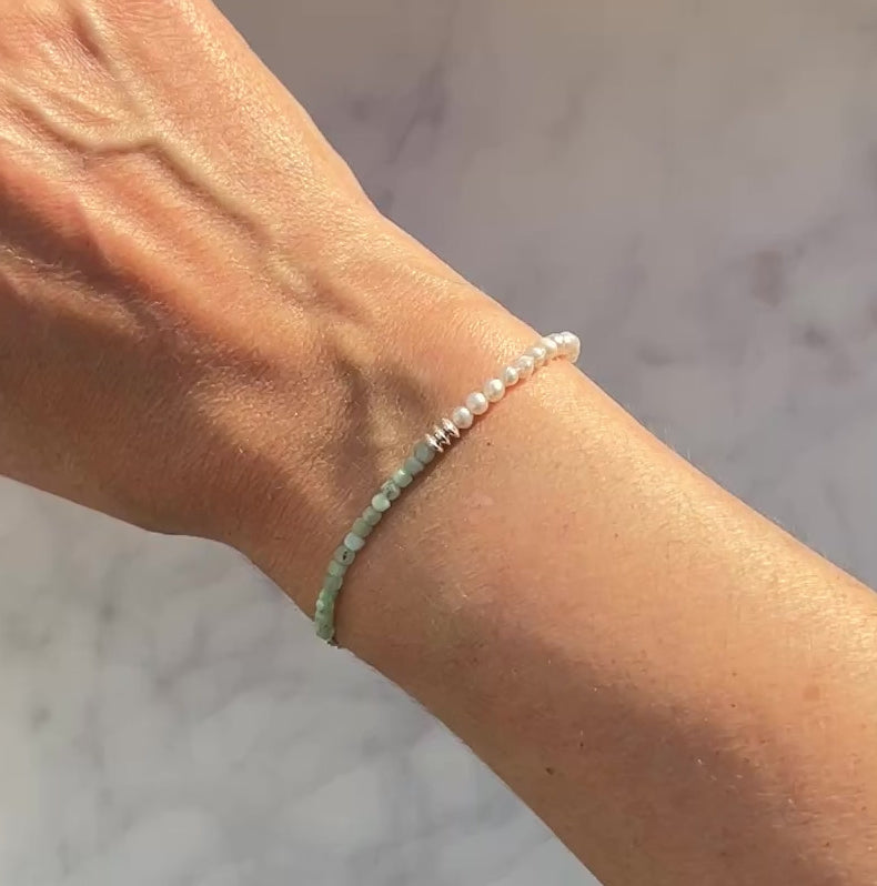 Sterling and fine silver, white freshwater pearl and chrysoprase gemstone bracelet