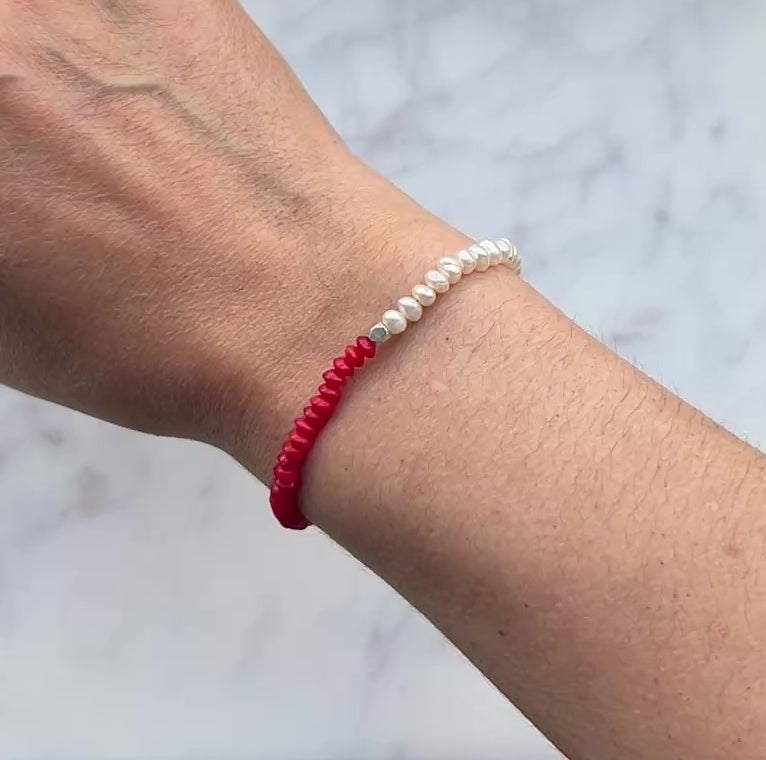 White freshwater pearl, red bamboo coral and sterling silver bracelet