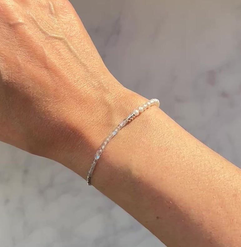 Sterling and fine silver, white freshwater pearl and labradorite gemstone bracelet