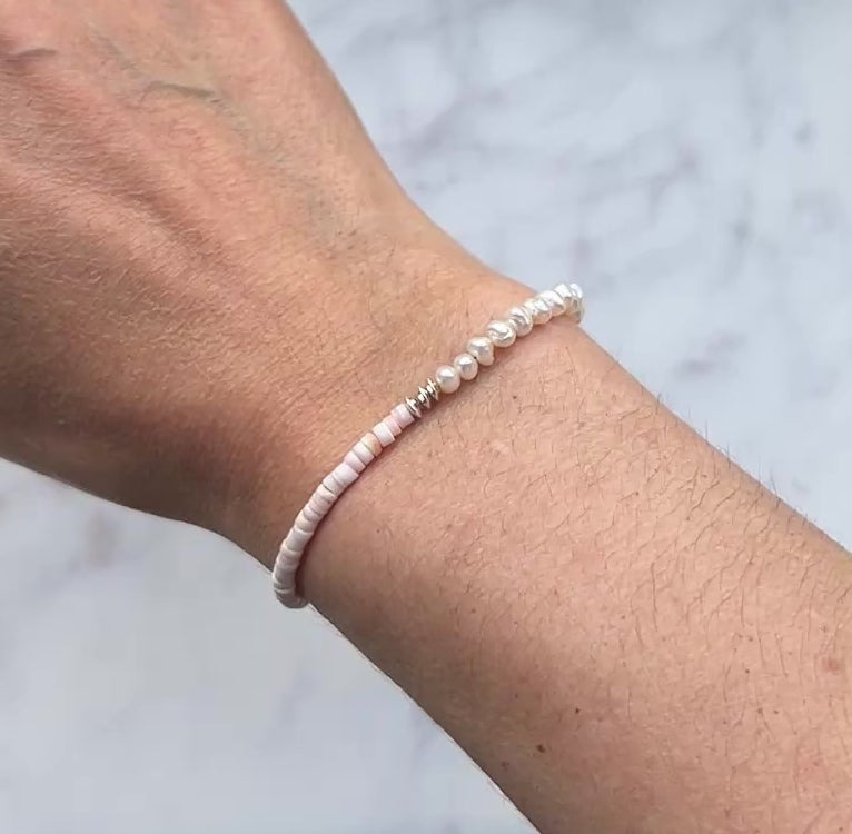 White freshwater pearl, light pink shell and sterling silver bracelet
