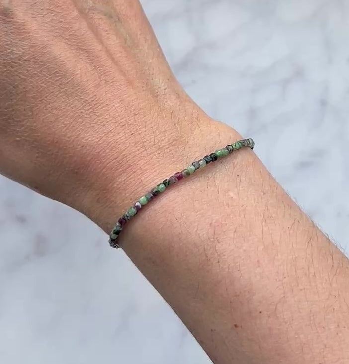 Green and pinkish ruby zoisite gemstone with sterling silver bracelet