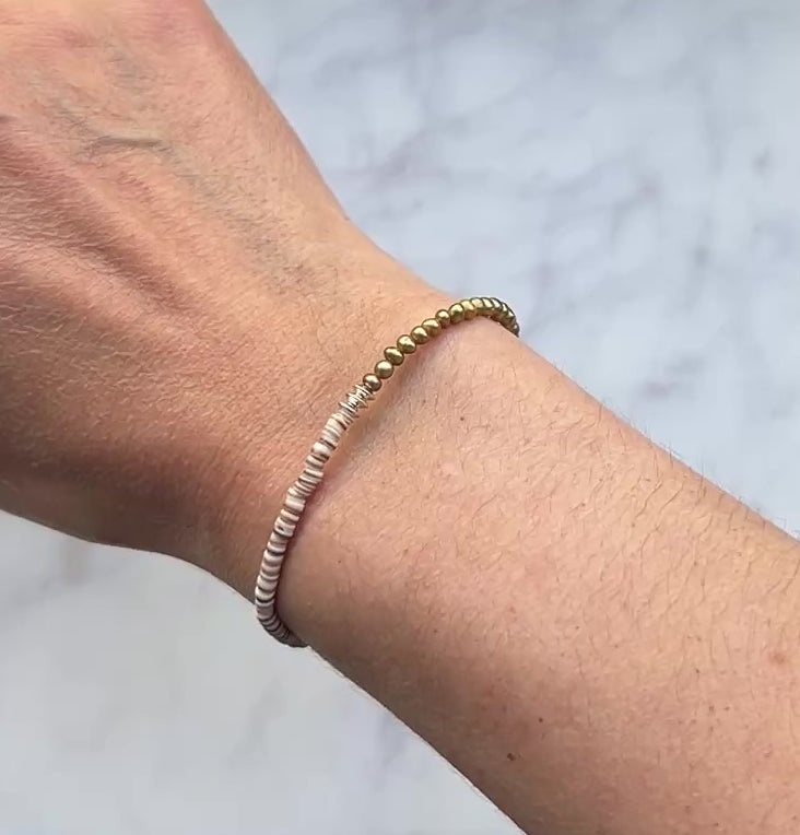 Olive green freshwater pearl, light brown shell with sterling silver bracelet