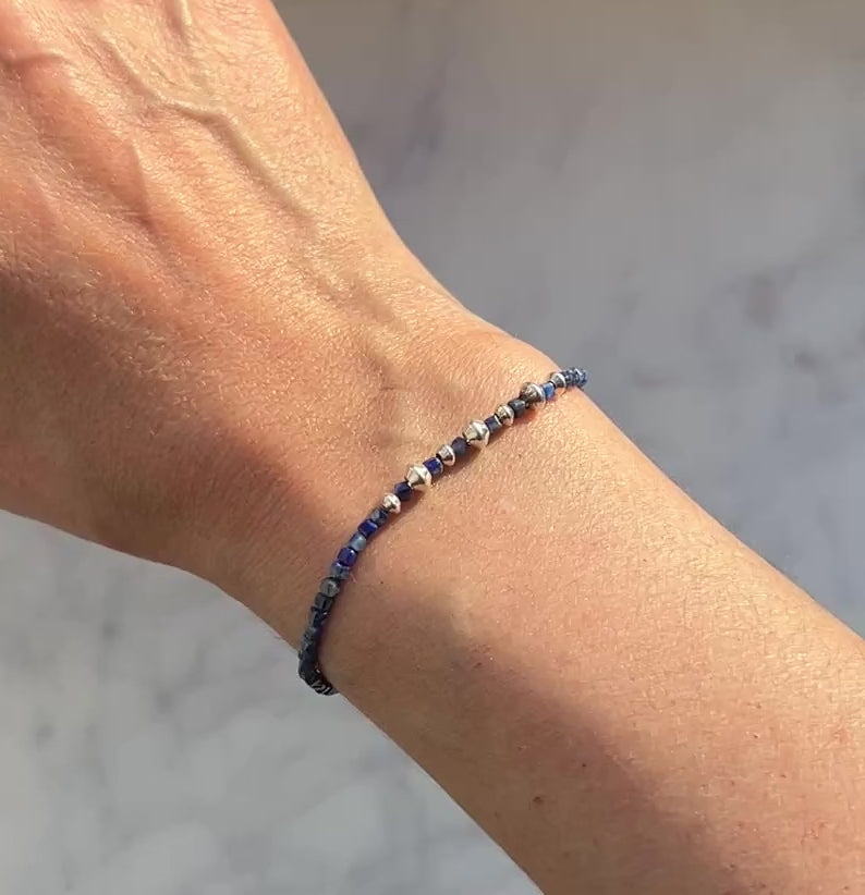Lapis lazuli gemstone with sterling and fine silver bracelet