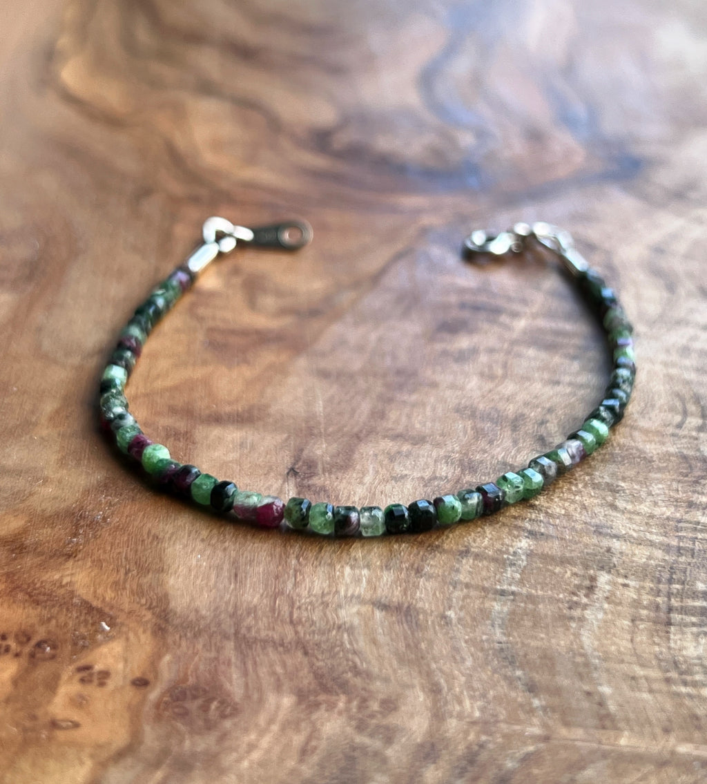 Green and pinkish ruby zoisite gemstone with sterling silver bracelet