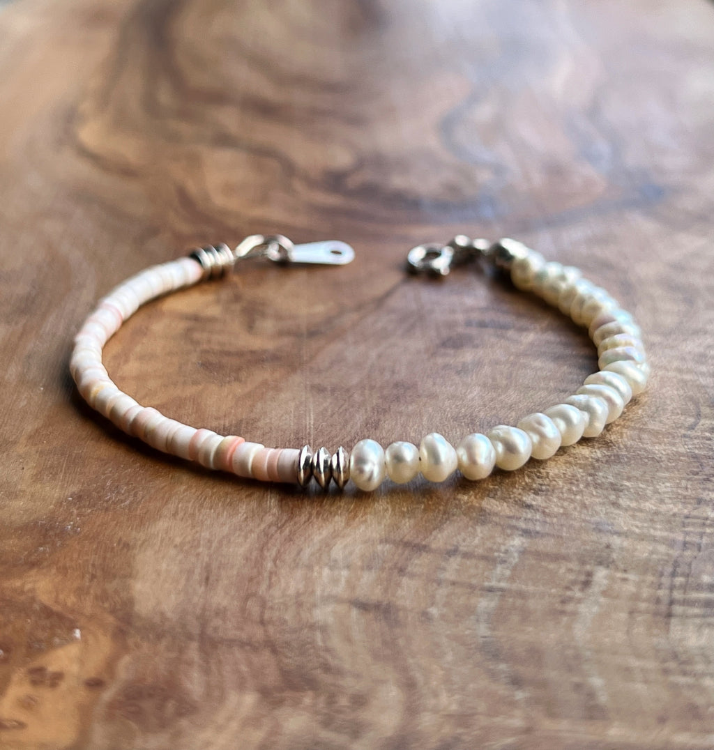 White freshwater pearl, light pink shell and sterling silver bracelet
