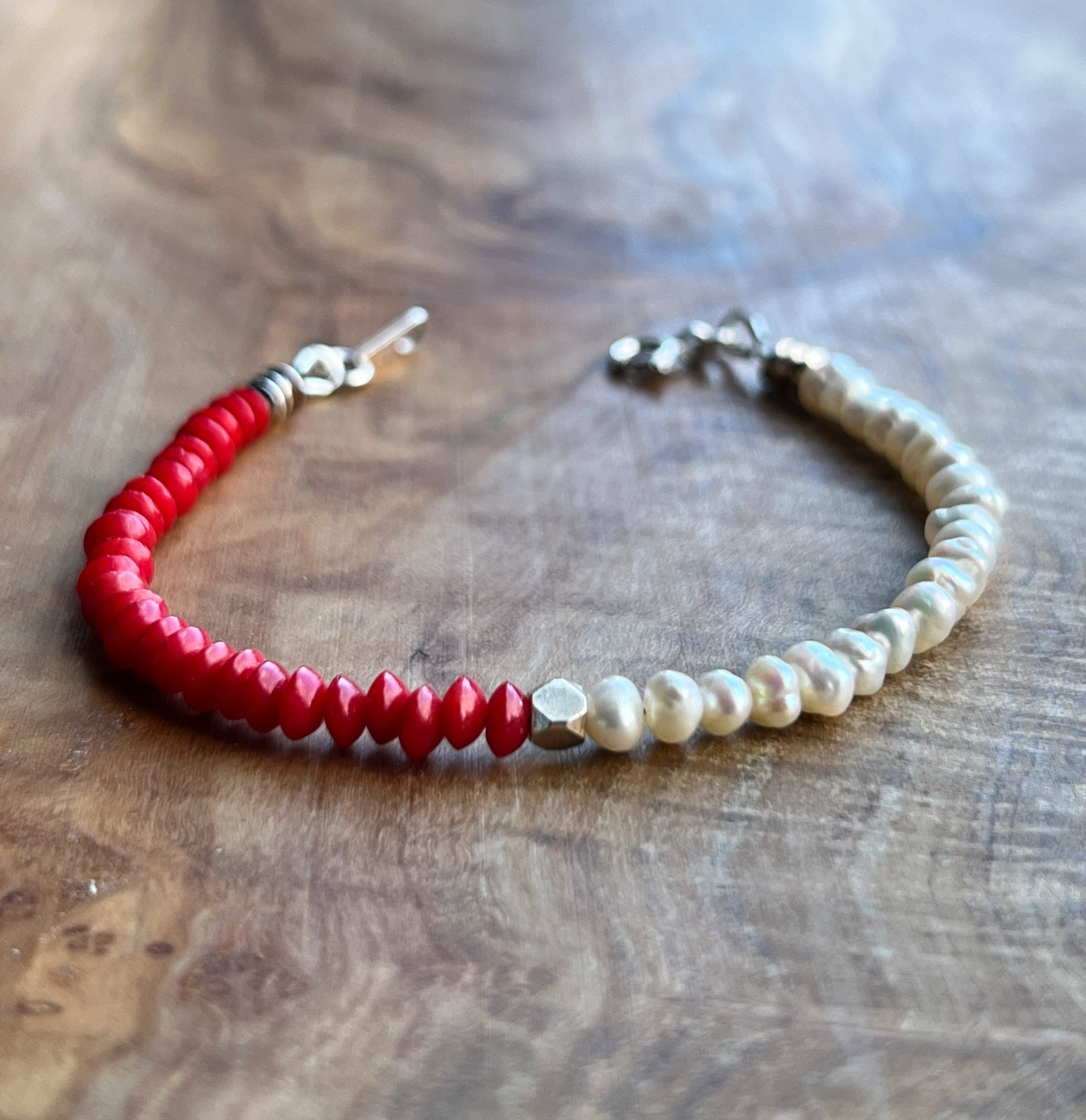 White freshwater pearl, red bamboo coral and sterling silver bracelet