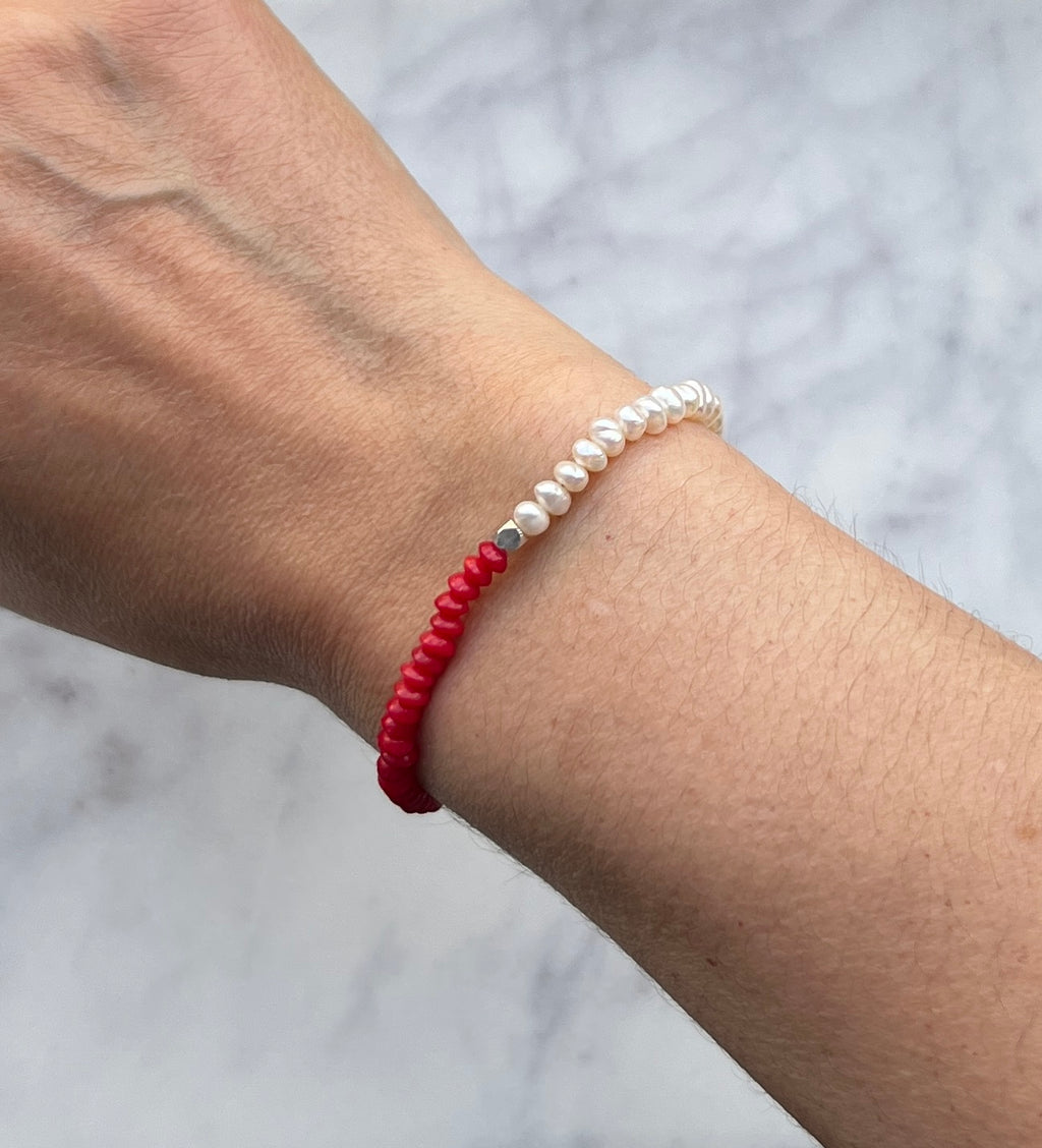 White freshwater pearl, red bamboo coral and sterling silver bracelet